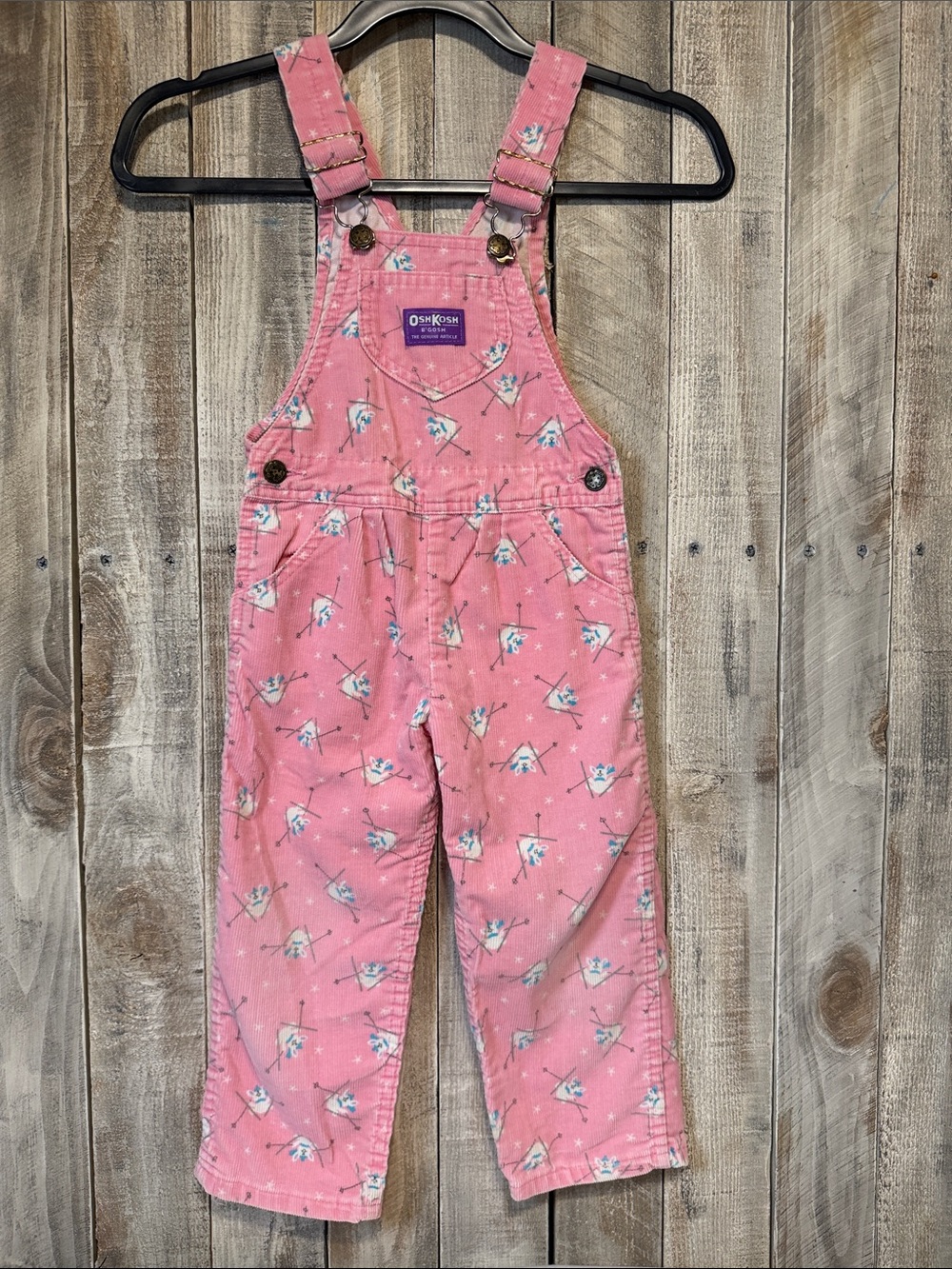 Vtg 90’s OshKosh B'gosh Pink Floral Corduroy Overalls Skiing Bunny size 4T